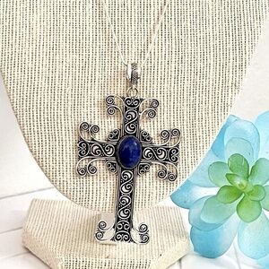 925 Sterling Silver Lapis Lazuli Gemstone Cross Necklace handmade Womens Jewelry